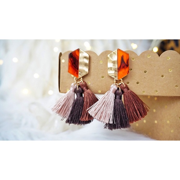 Gold Plated Acrylic Stud Tassel Earring Brown Pink - Picture 3 of 8